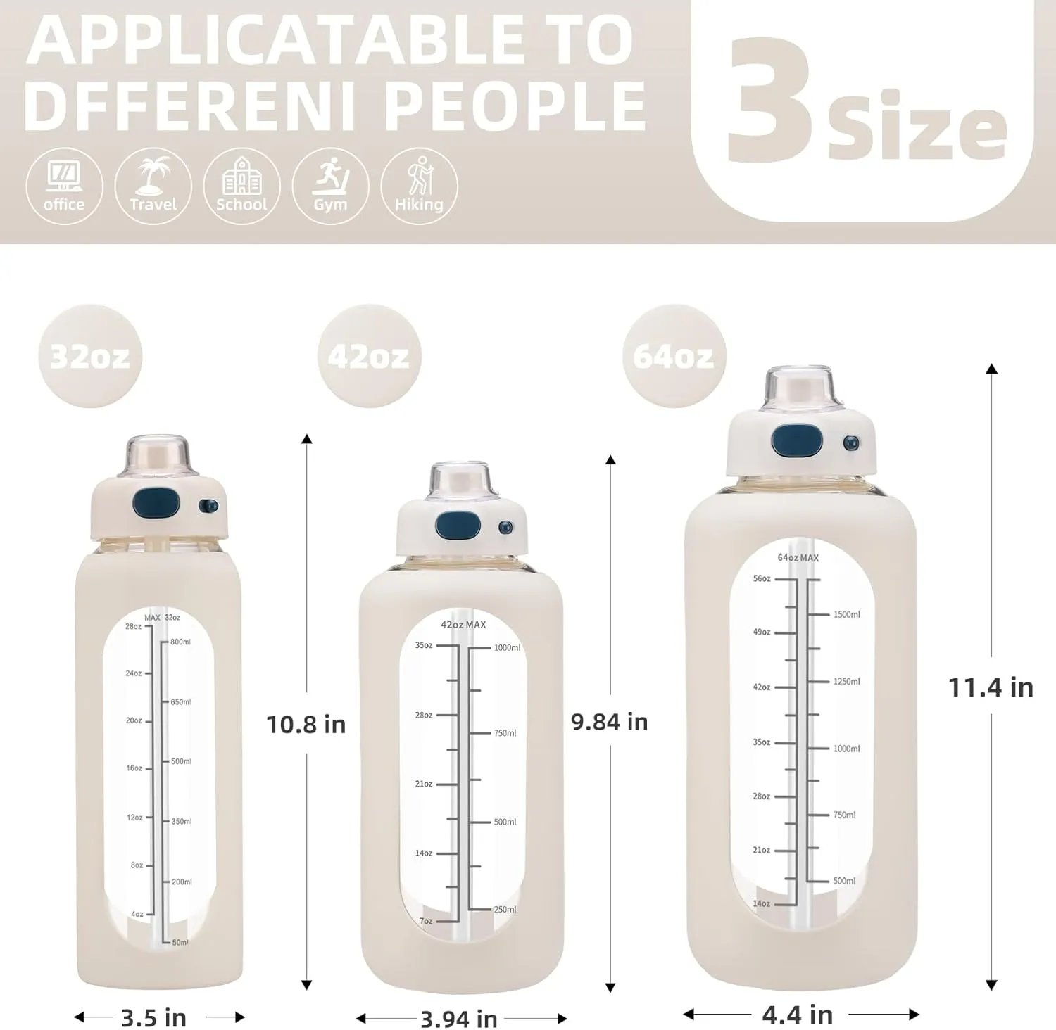 SIEROZUR 64 oz Glass Water Bottle with Straw and Handle Large Sports Motivational Bottle Flask with Time Marker Leakproof Jug with Silicone Sleeve for Gym