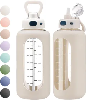 SIEROZUR 64 oz Glass Water Bottle with Straw and Handle Large Sports Motivational Bottle Flask with Time Marker Leakproof Jug with Silicone Sleeve for Gym