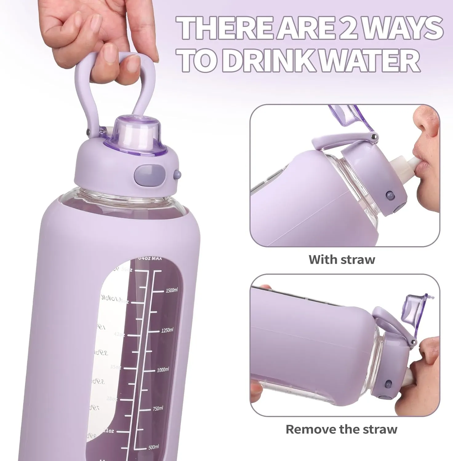 SIEROZUR 64 oz Glass Water Bottle with Straw and Handle Large Sports Motivational Water Bottle Flask with Time Marker Leakproof Water Jug with Silicone Sleeve for Gym