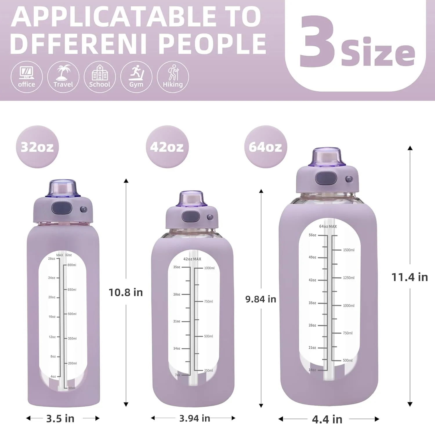 SIEROZUR 64 oz Glass Water Bottle with Straw and Handle Large Sports Motivational Water Bottle Flask with Time Marker Leakproof Water Jug with Silicone Sleeve for Gym