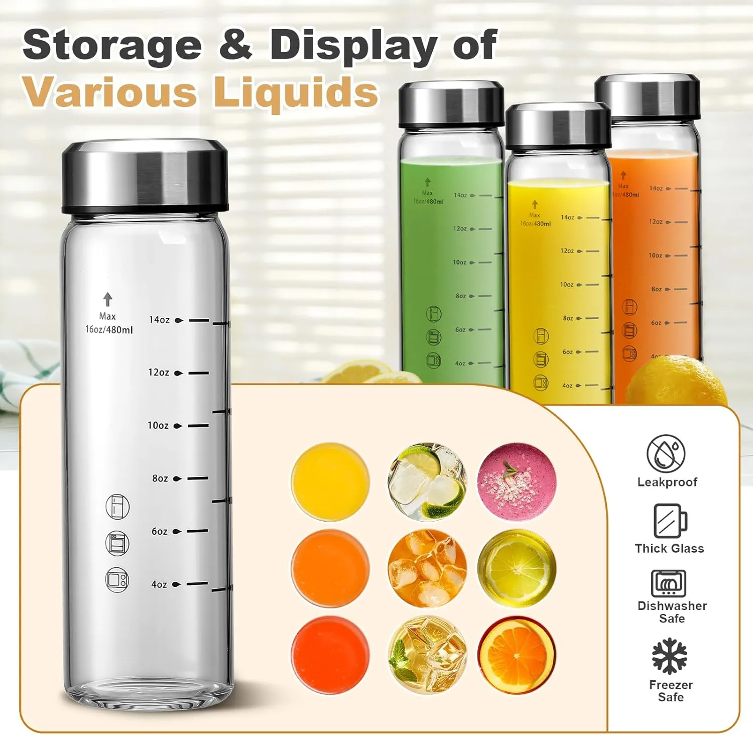 SIEROZUR Glass Juice Bottles With Lids 16oz- 6 Pack Wide Mouth Glass Bottles for Juicing Smoothies, Infused Water, Beverage Storage - BPA Free, Leakproof, Reusable, Borosilicate