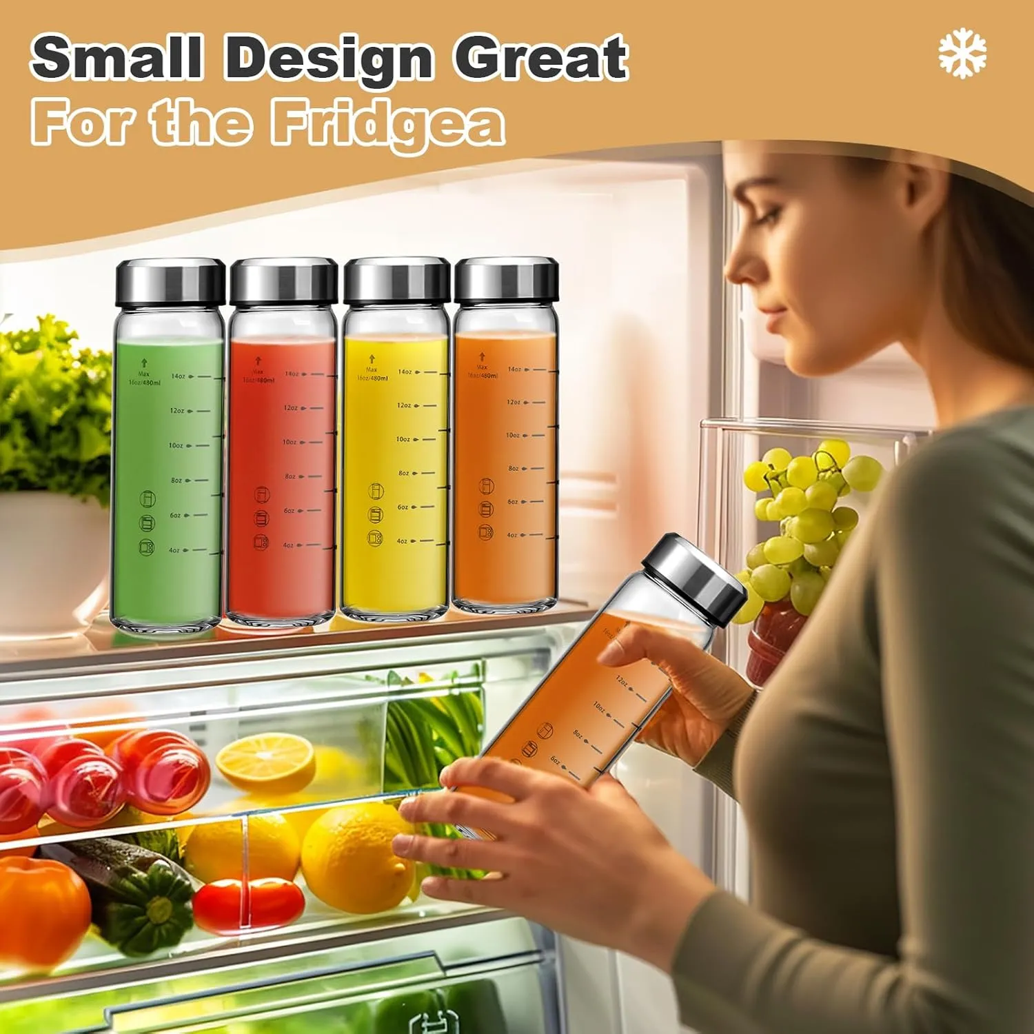 SIEROZUR Glass Juice Bottles With Lids 16oz- 6 Pack Wide Mouth Glass Bottles for Juicing Smoothies, Infused Water, Beverage Storage - BPA Free, Leakproof, Reusable, Borosilicate