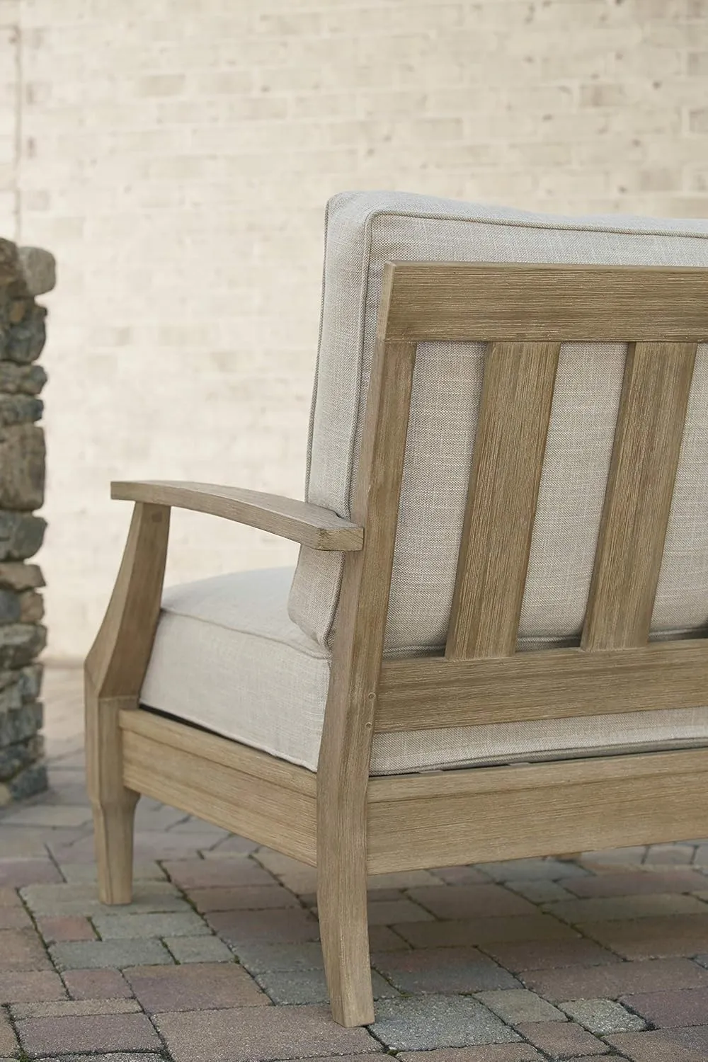 Signature Design by Ashley Clare View Outdoor Eucalyptus Wood Single Cushioned Lounge Chair, Beige