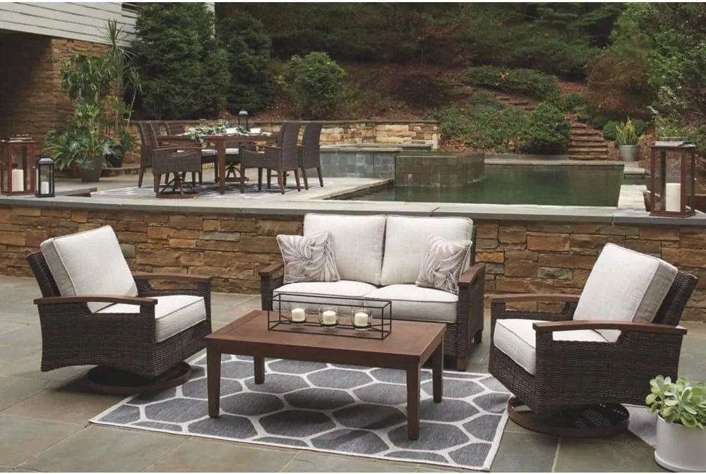 Signature Design by Ashley Paradise Trail Outdoor Loveseat with All Weather Cushions, Medium Brown