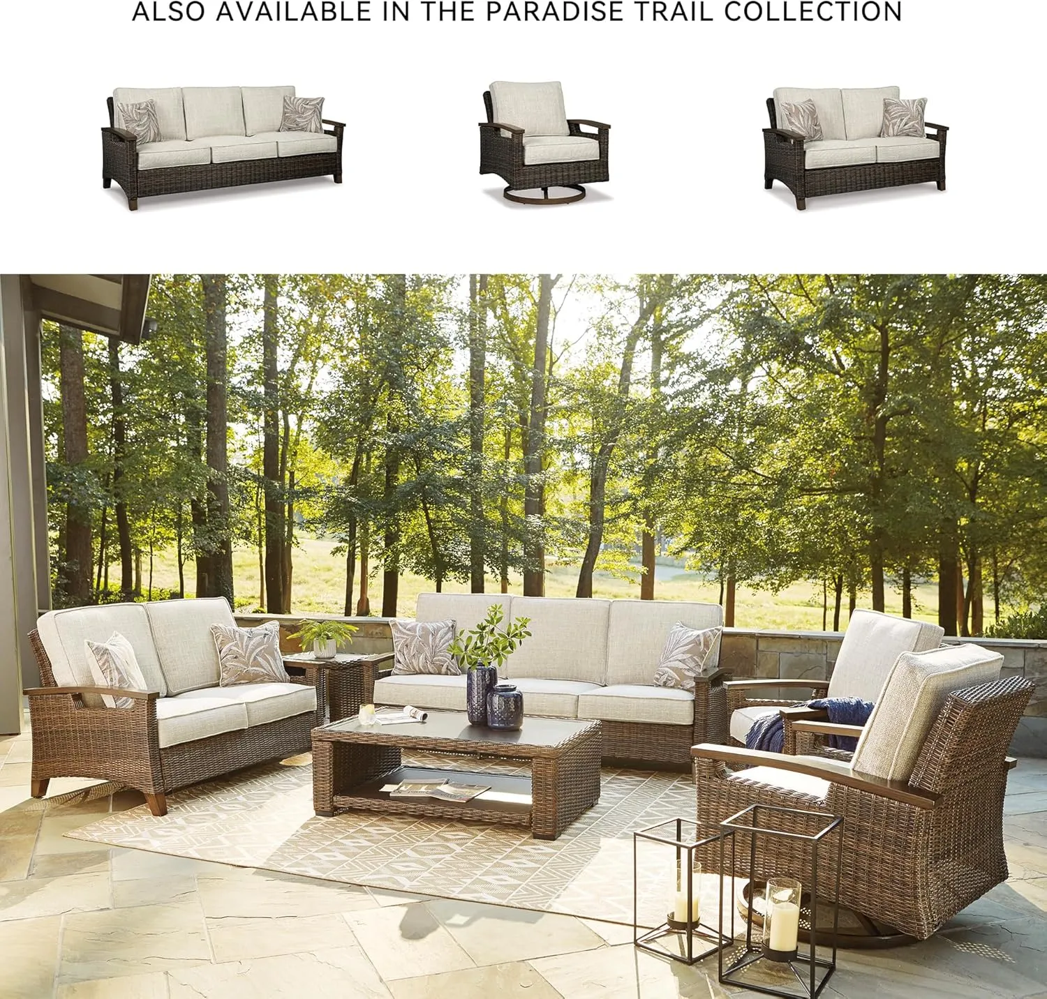 Signature Design by Ashley Paradise Trail Outdoor Loveseat with All Weather Cushions, Medium Brown