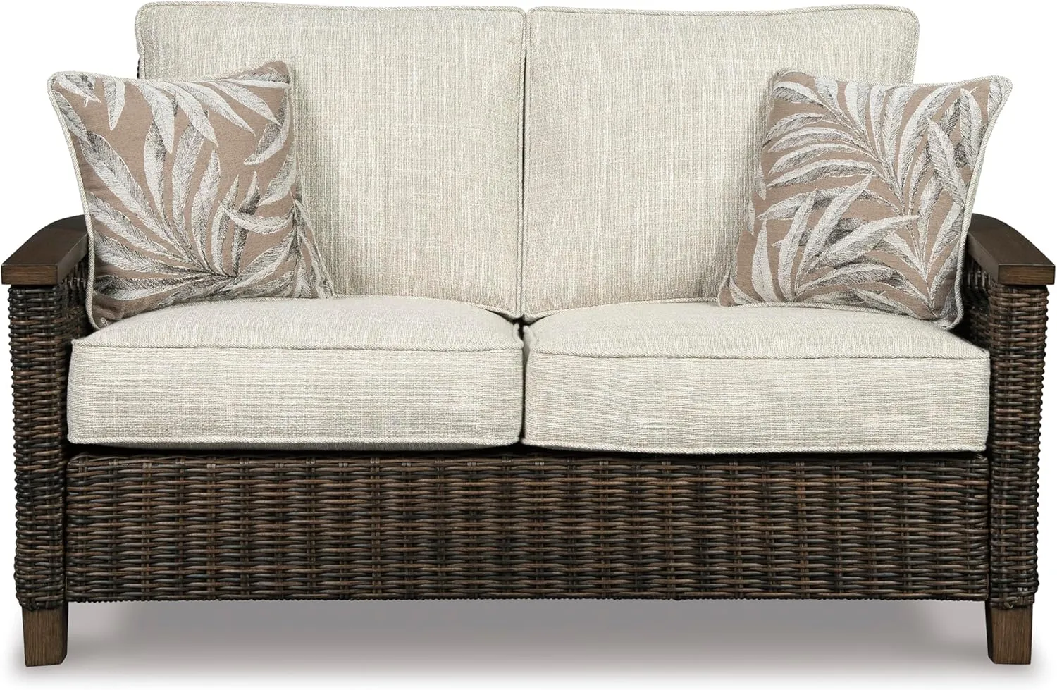 Signature Design by Ashley Paradise Trail Outdoor Loveseat with All Weather Cushions, Medium Brown
