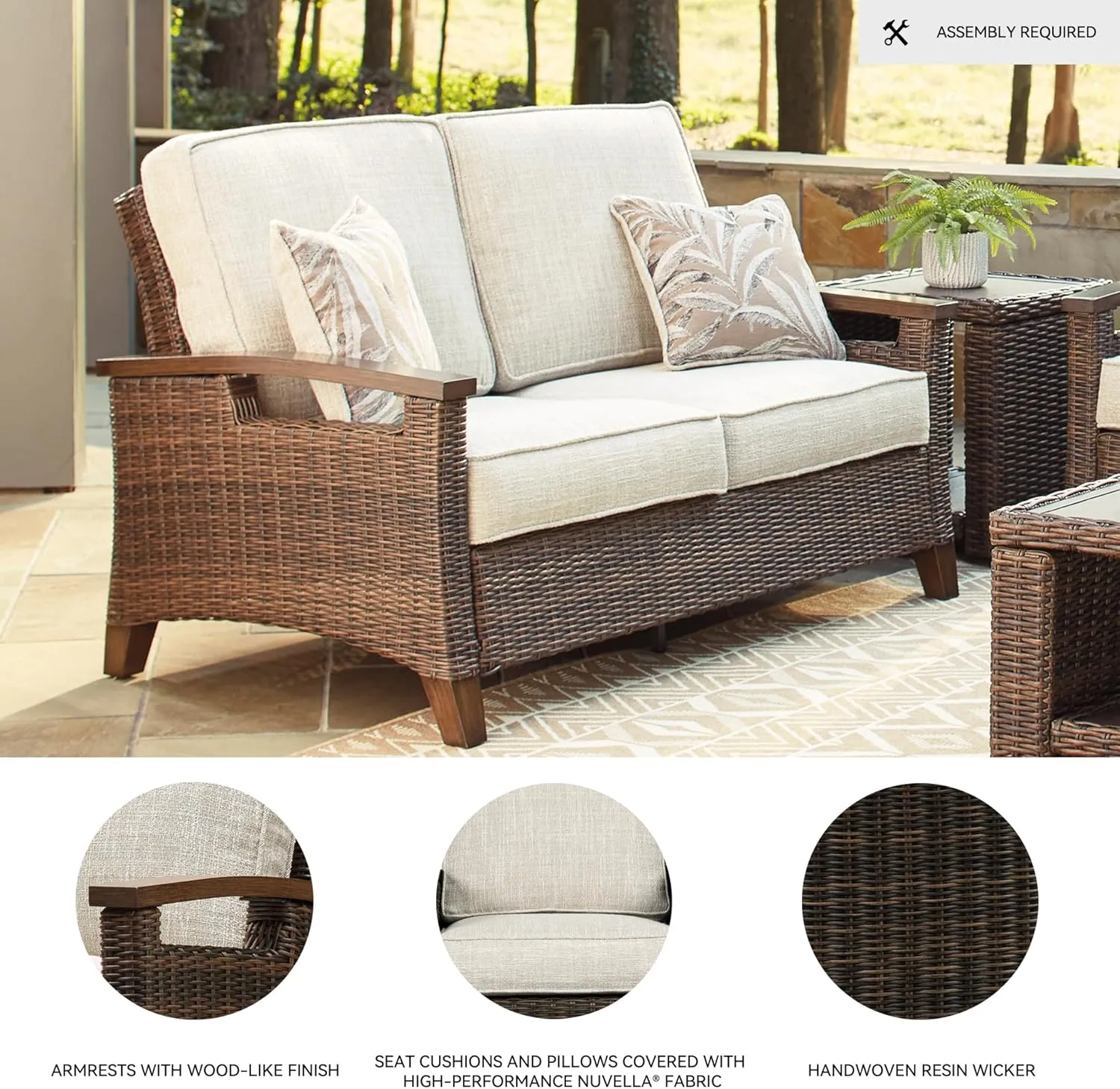 Signature Design by Ashley Paradise Trail Outdoor Loveseat with All Weather Cushions, Medium Brown
