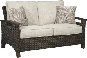 Signature Design by Ashley Paradise Trail Outdoor Loveseat with All Weather Cushions, Medium Brown