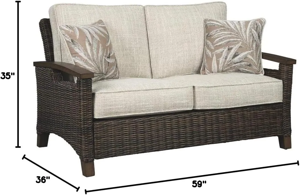 Signature Design by Ashley Paradise Trail Outdoor Loveseat with All Weather Cushions, Medium Brown