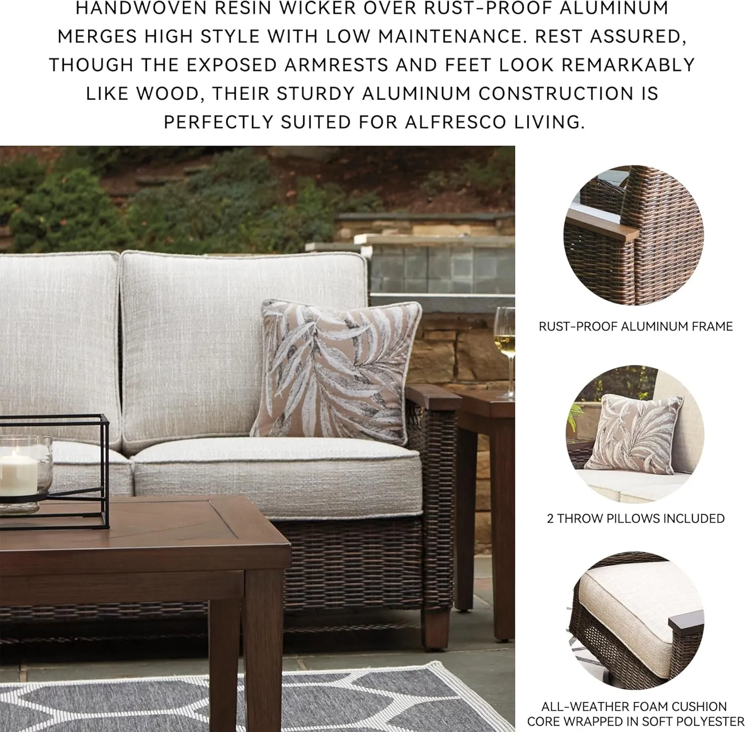 Signature Design by Ashley Paradise Trail Outdoor Loveseat with All Weather Cushions, Medium Brown