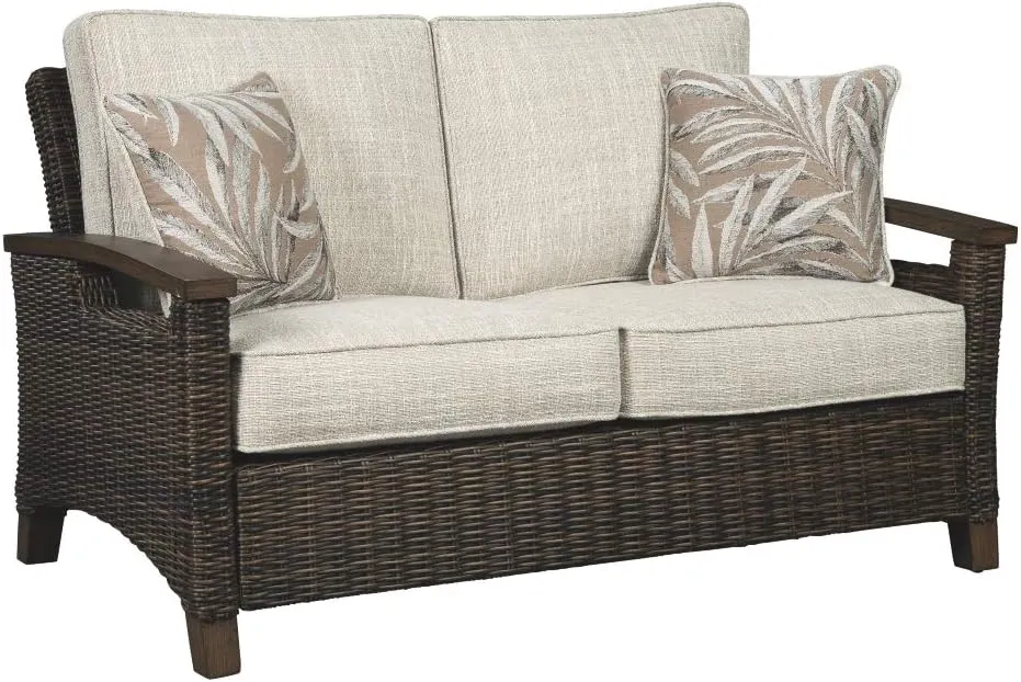 Signature Design by Ashley Paradise Trail Outdoor Loveseat with All Weather Cushions, Medium Brown