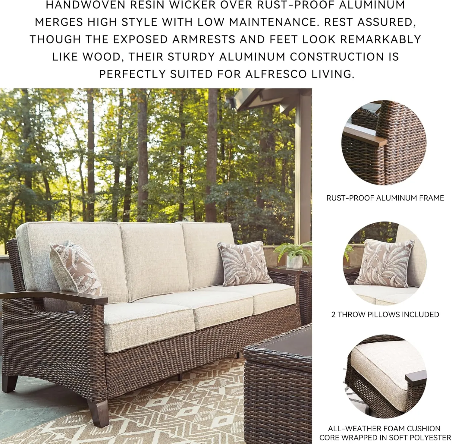 Signature Design by Ashley Paradise Trail Outdoor Patio Sofa with Cushion and 2 Pillows, Brown & Beige