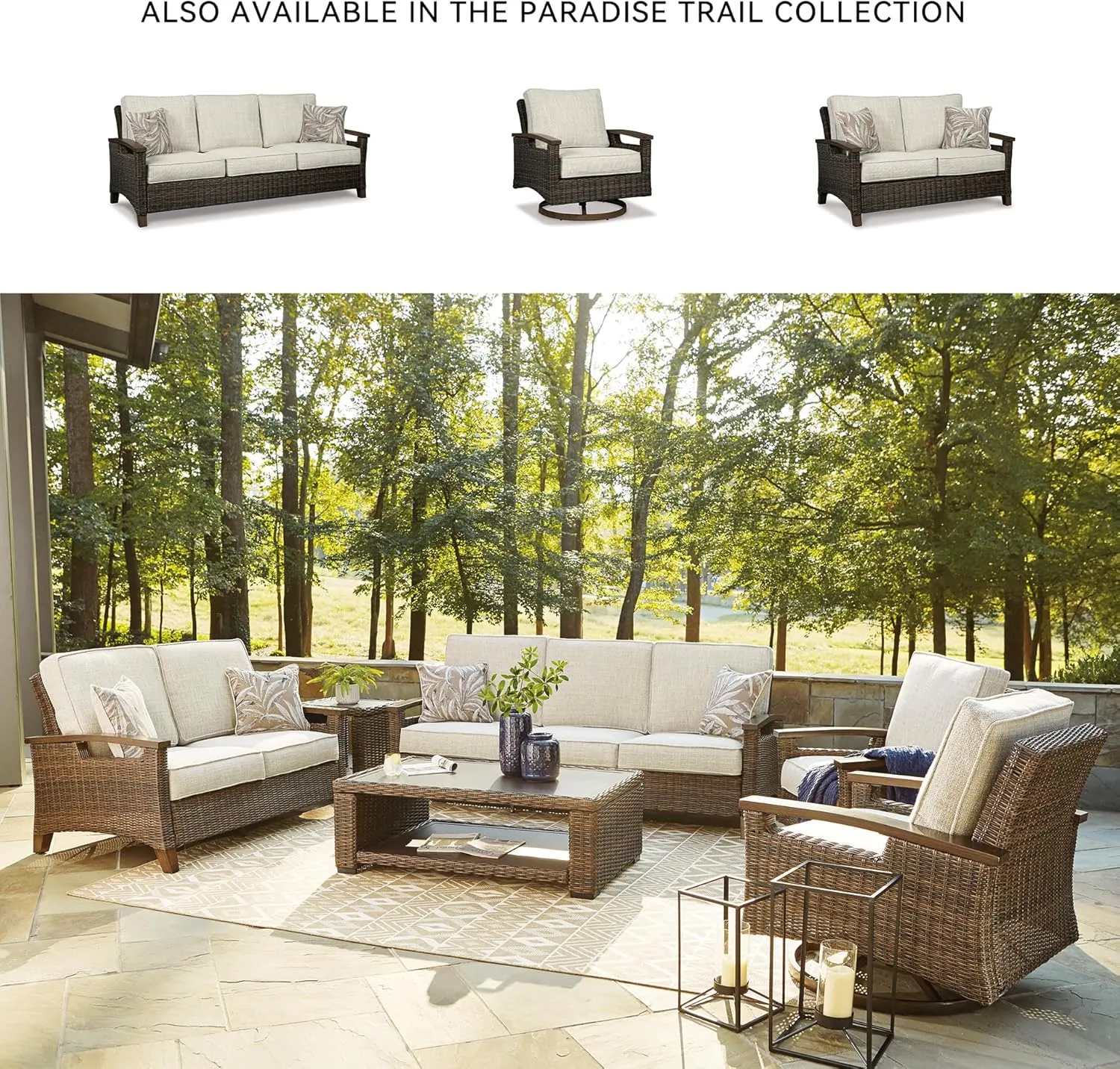 Signature Design by Ashley Paradise Trail Outdoor Patio Sofa with Cushion and 2 Pillows, Brown & Beige