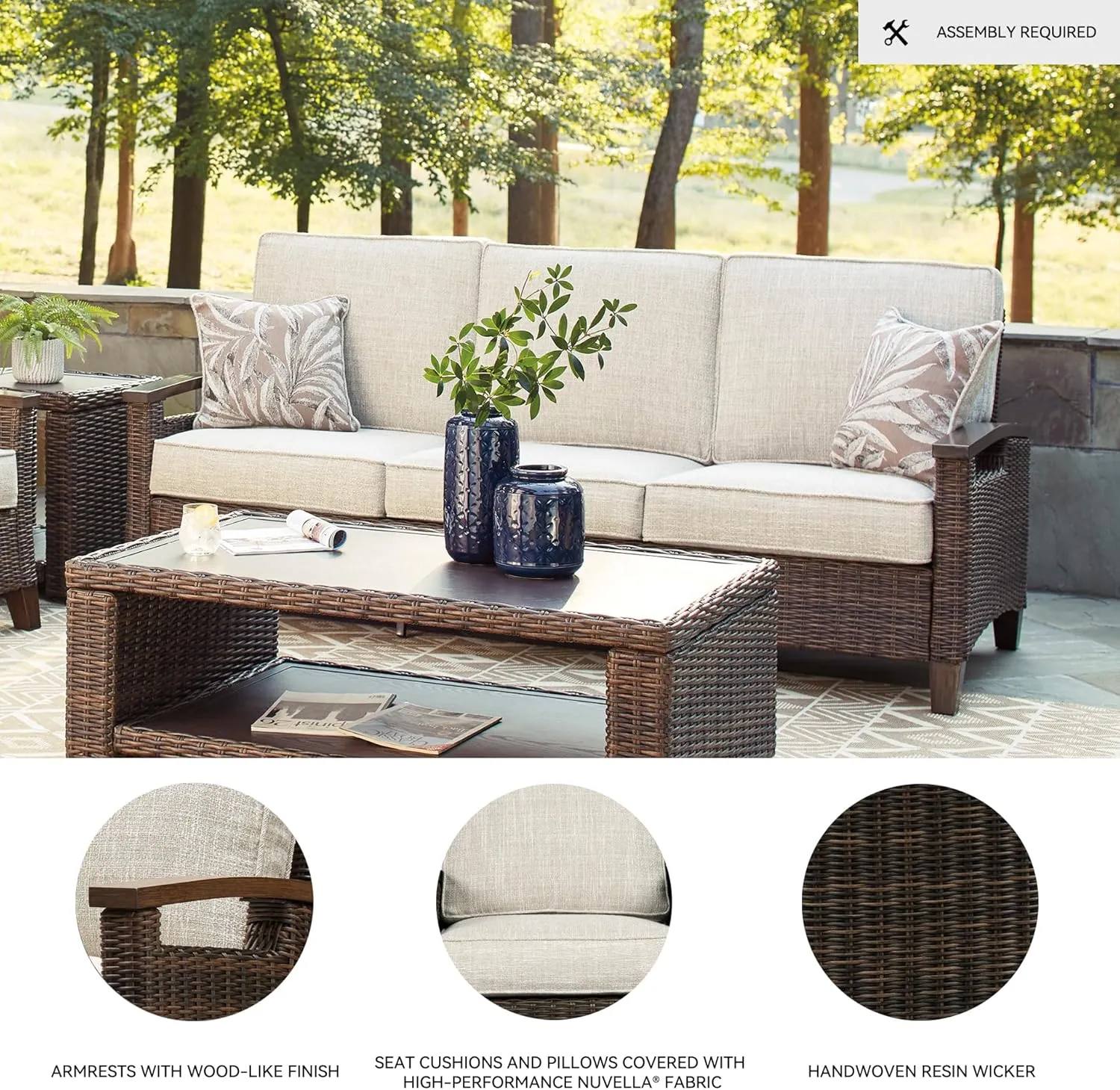 Signature Design by Ashley Paradise Trail Outdoor Patio Sofa with Cushion and 2 Pillows, Brown & Beige