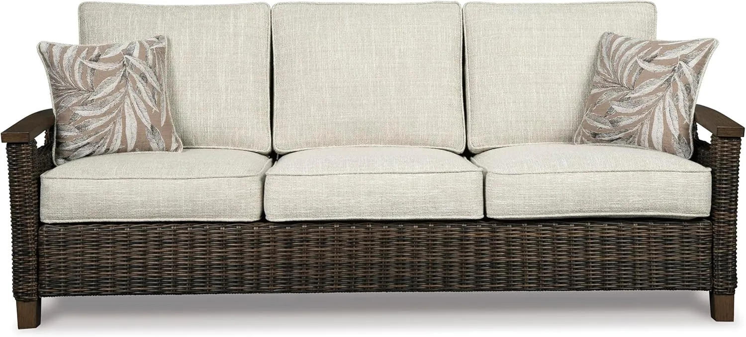 Signature Design by Ashley Paradise Trail Outdoor Patio Sofa with Cushion and 2 Pillows, Brown & Beige