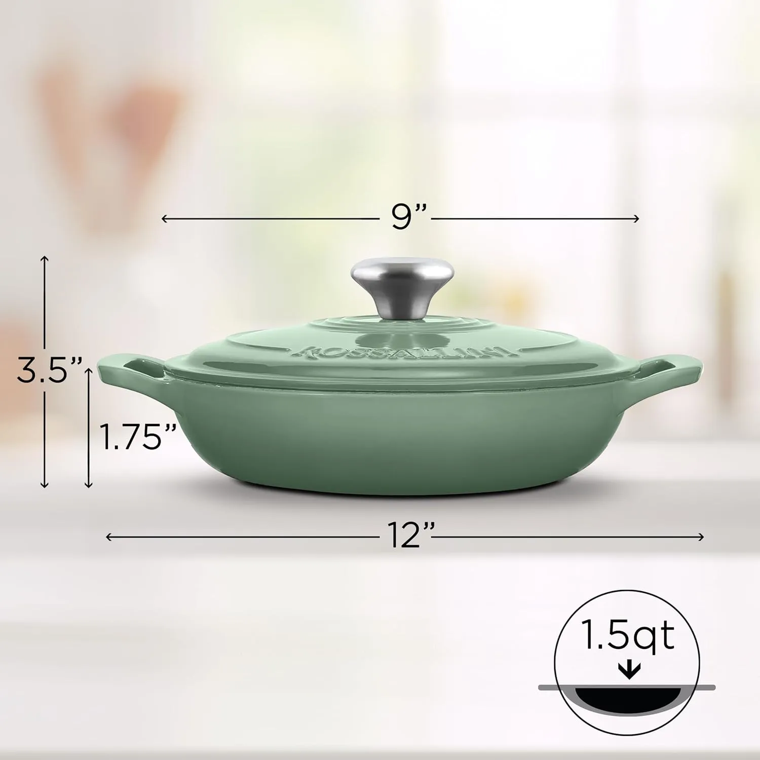 Signature Enameled Cast Iron Braiser, Non-Stick Serving Pot with Tight Fitting Lid for Perfect Roasting, Baking, Sauteing, Searing, and Pan Frying | 1.5Q (1.4L) - Sage