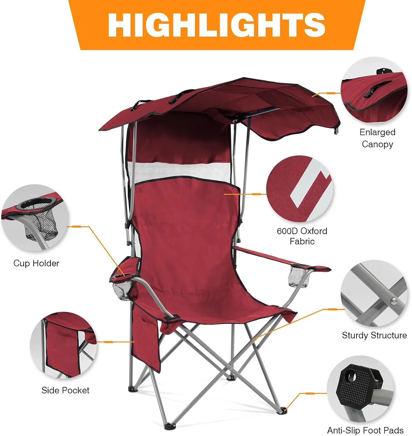 Simple Deluxe Canopy Camping Chair for Adults, Lightweight Portable Folding Outdoor Chair with Cup Holder & Armrests, Oversized Comfort for Beach, Picnic, Sports and Lawn, Red