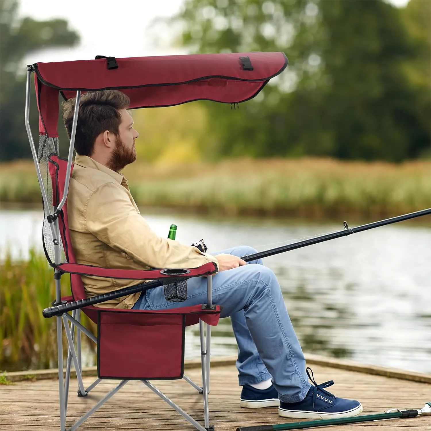 Simple Deluxe Canopy Camping Chair for Adults, Lightweight Portable Folding Outdoor Chair with Cup Holder & Armrests, Oversized Comfort for Beach, Picnic, Sports and Lawn, Red