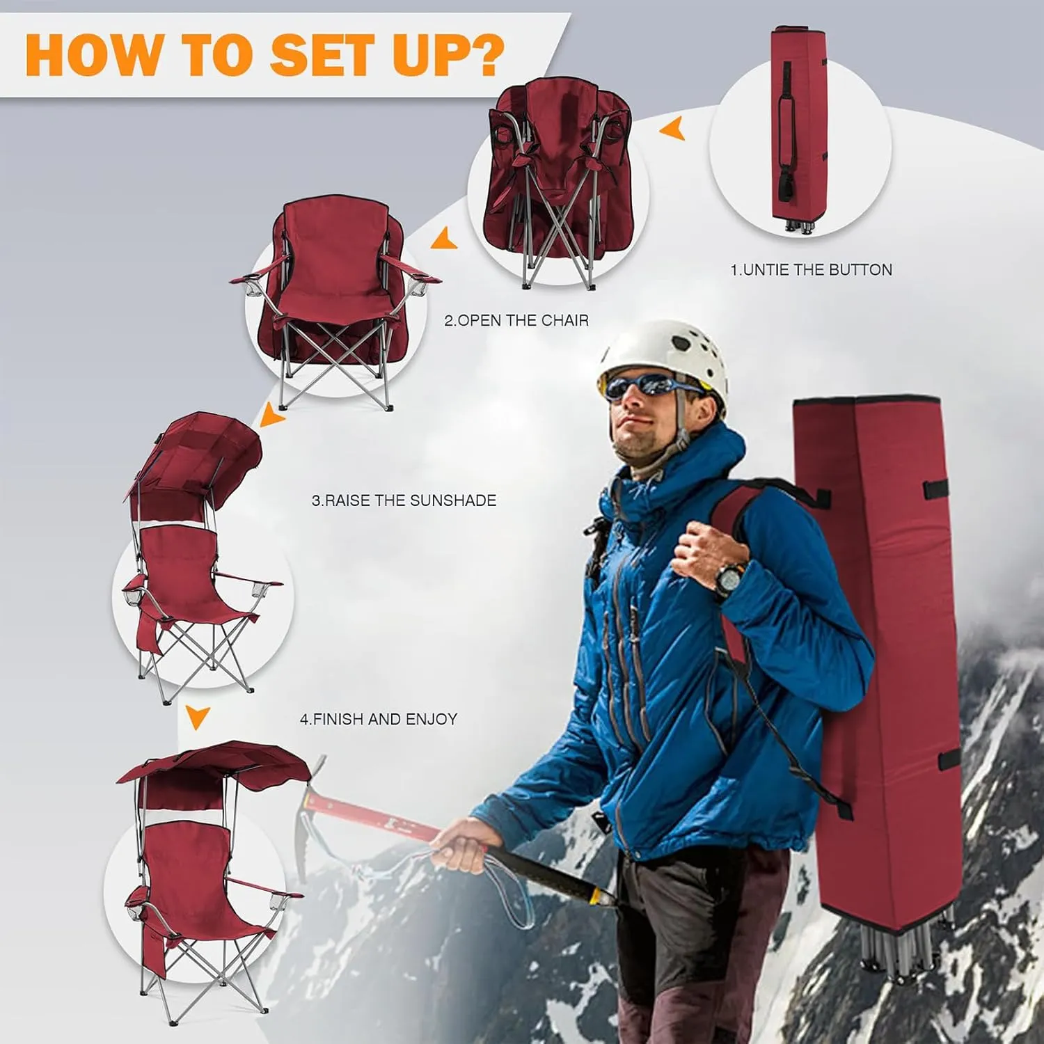 Simple Deluxe Canopy Camping Chair for Adults, Lightweight Portable Folding Outdoor Chair with Cup Holder & Armrests, Oversized Comfort for Beach, Picnic, Sports and Lawn, Red
