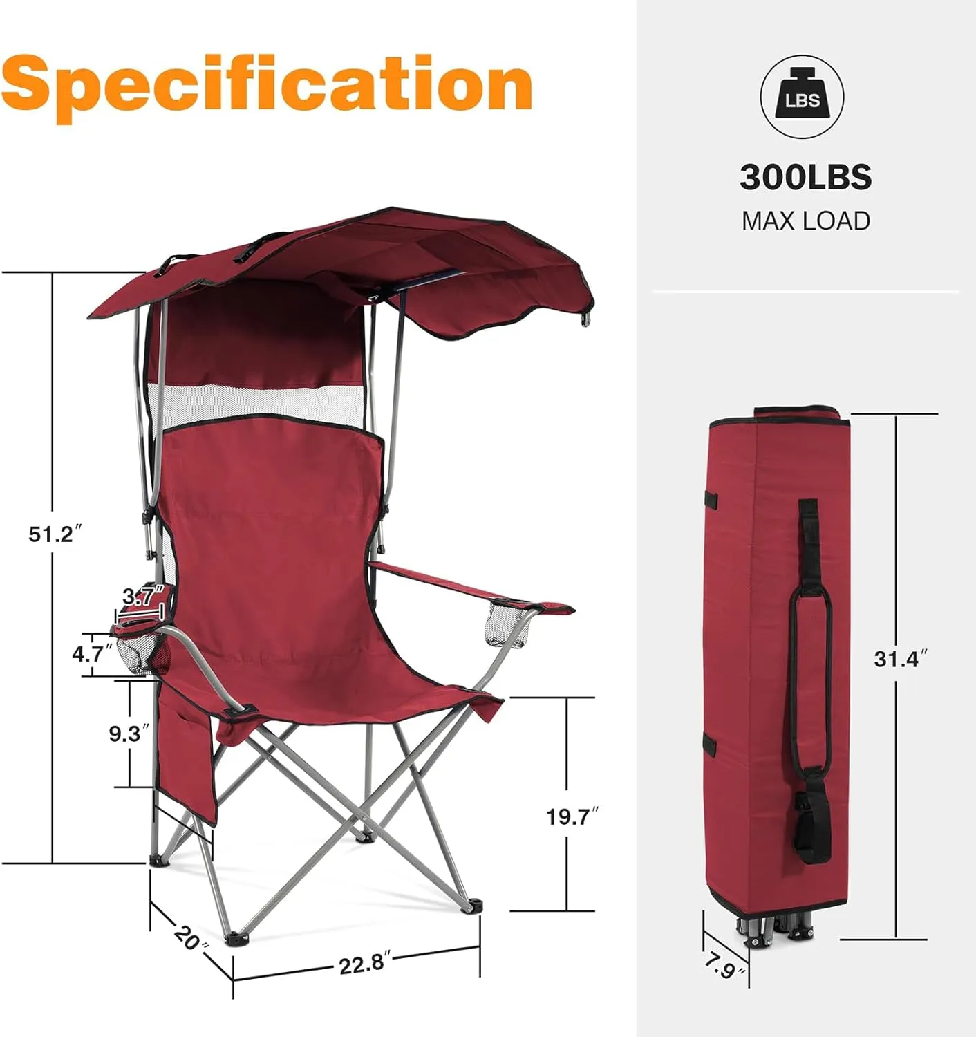 Simple Deluxe Canopy Camping Chair for Adults, Lightweight Portable Folding Outdoor Chair with Cup Holder & Armrests, Oversized Comfort for Beach, Picnic, Sports and Lawn, Red