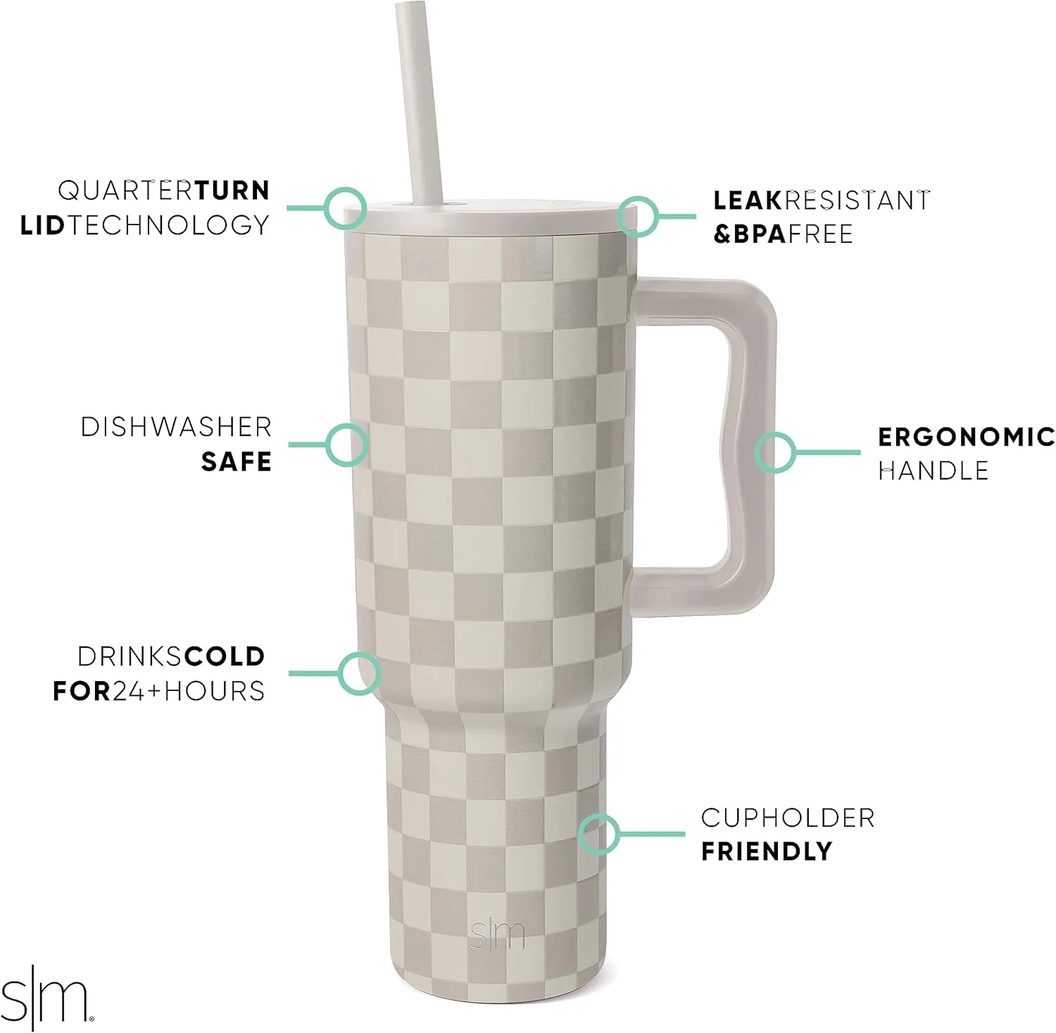 Simple Modern 40 oz Trek Tumbler with Handle and Straw Lid | Cup Holder Friendly Insulated Stainless Steel Travel Mug | Checkmate