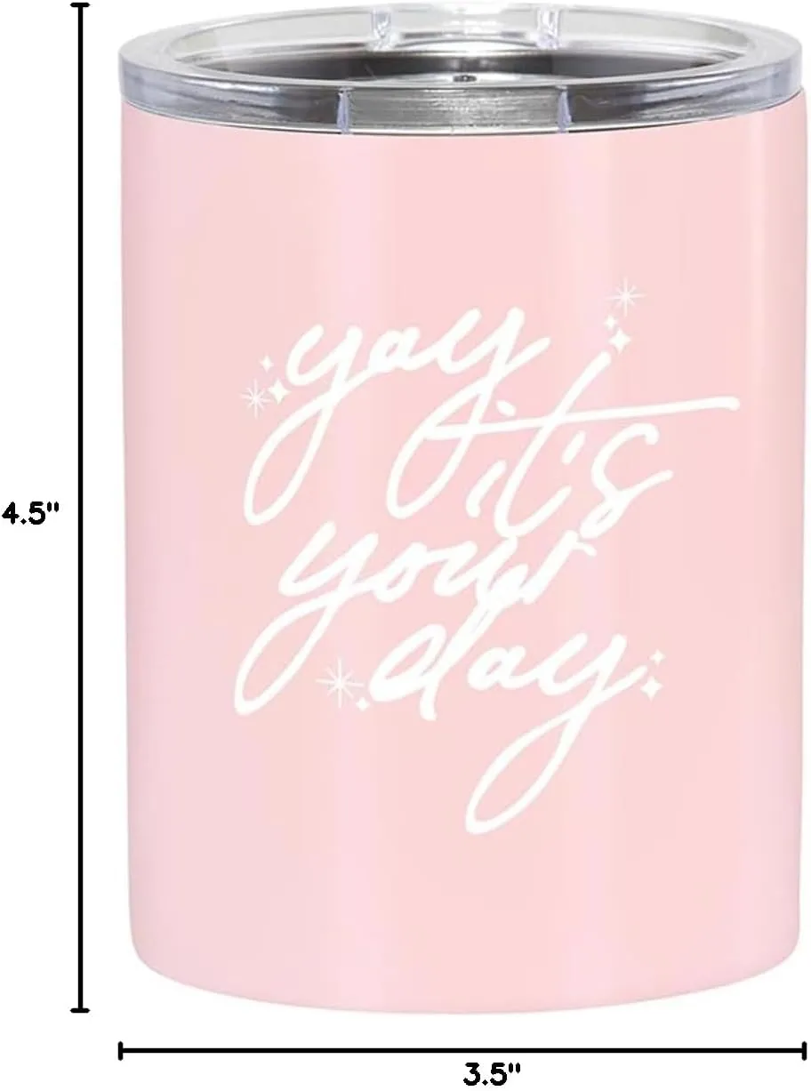 Slant Collections Birthday Celebration Stainless Steel Insulated Whiskey Tumbler Double Old Fashion Cocktail Cup with Slider Lid, 12-Ounce, Yay It's Your Day