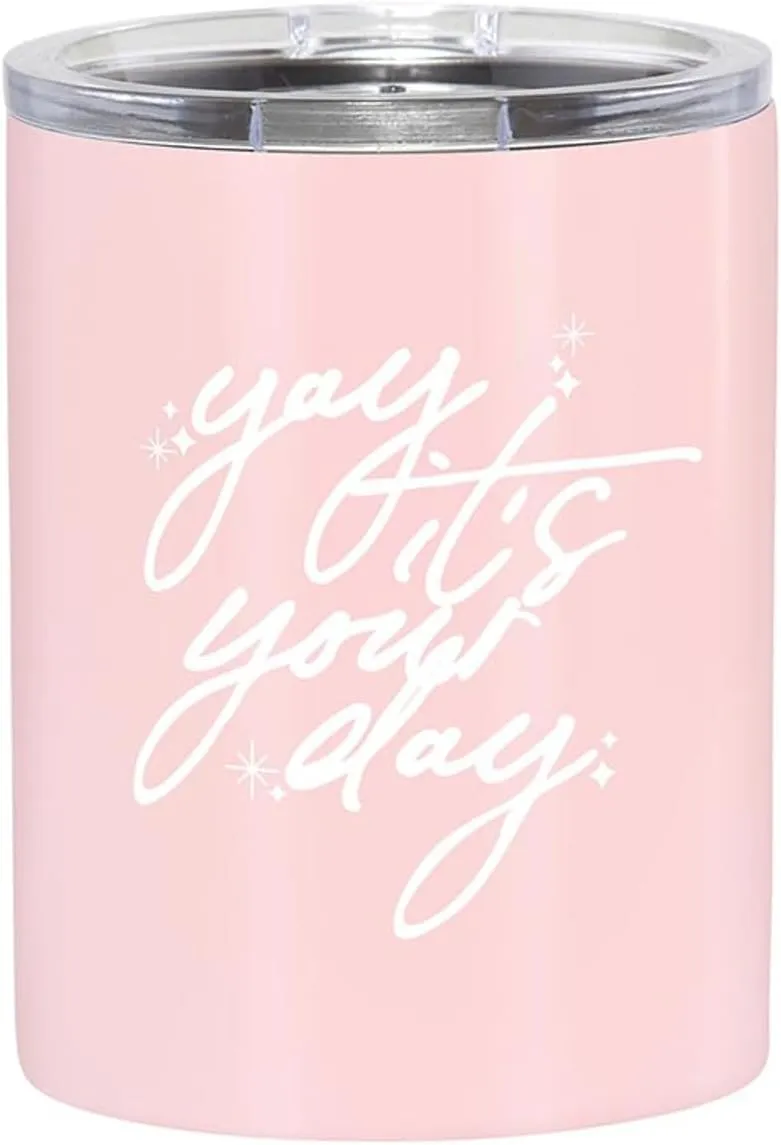 Slant Collections Birthday Celebration Stainless Steel Insulated Whiskey Tumbler Double Old Fashion Cocktail Cup with Slider Lid, 12-Ounce, Yay It's Your Day