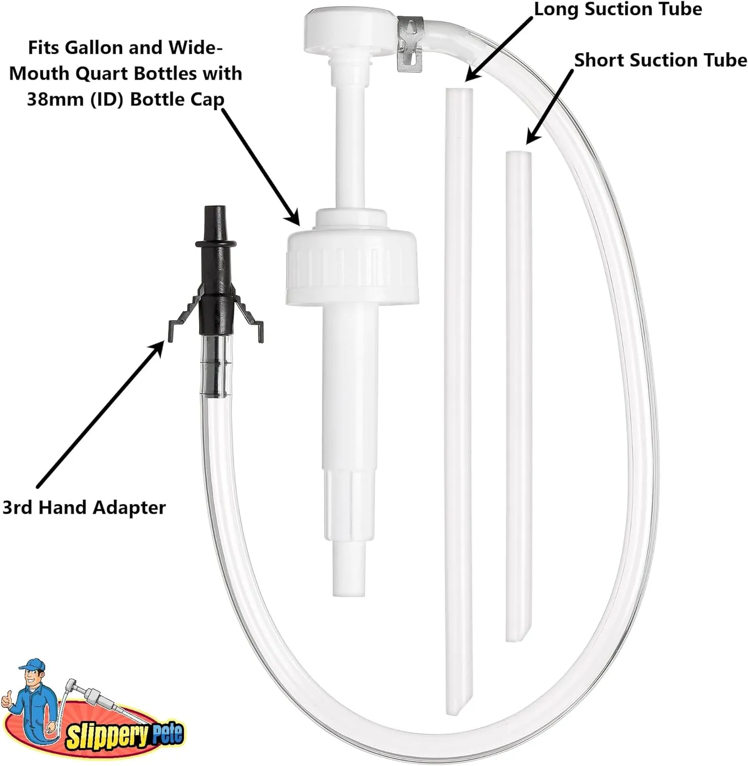 Slippery Pete - Fluid Pump for Wide-Mouth Quart Bottles - 8cc per Pump Stroke and 3rd Hand Adapter, Transfer Gear Oil, Transmission and Differential Fluid (38mm)