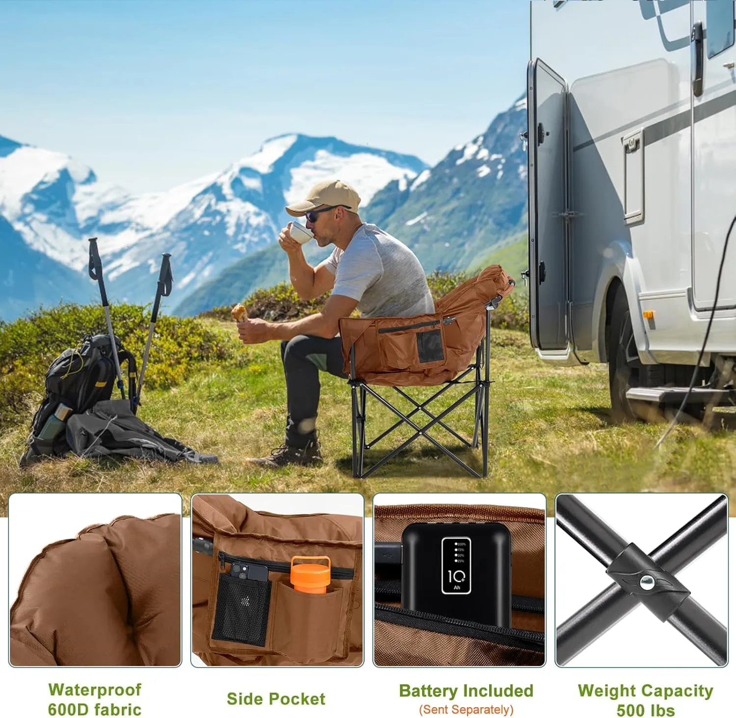 Slsy Oversized Heated Camping Chair Heats Back and Seat, Heated Chairs Outdoor Lawn Chair with Pillow, 3 Heat Levels Heavy Duty Heated Moon Chair for Camping, Picnic, Lounge Patio