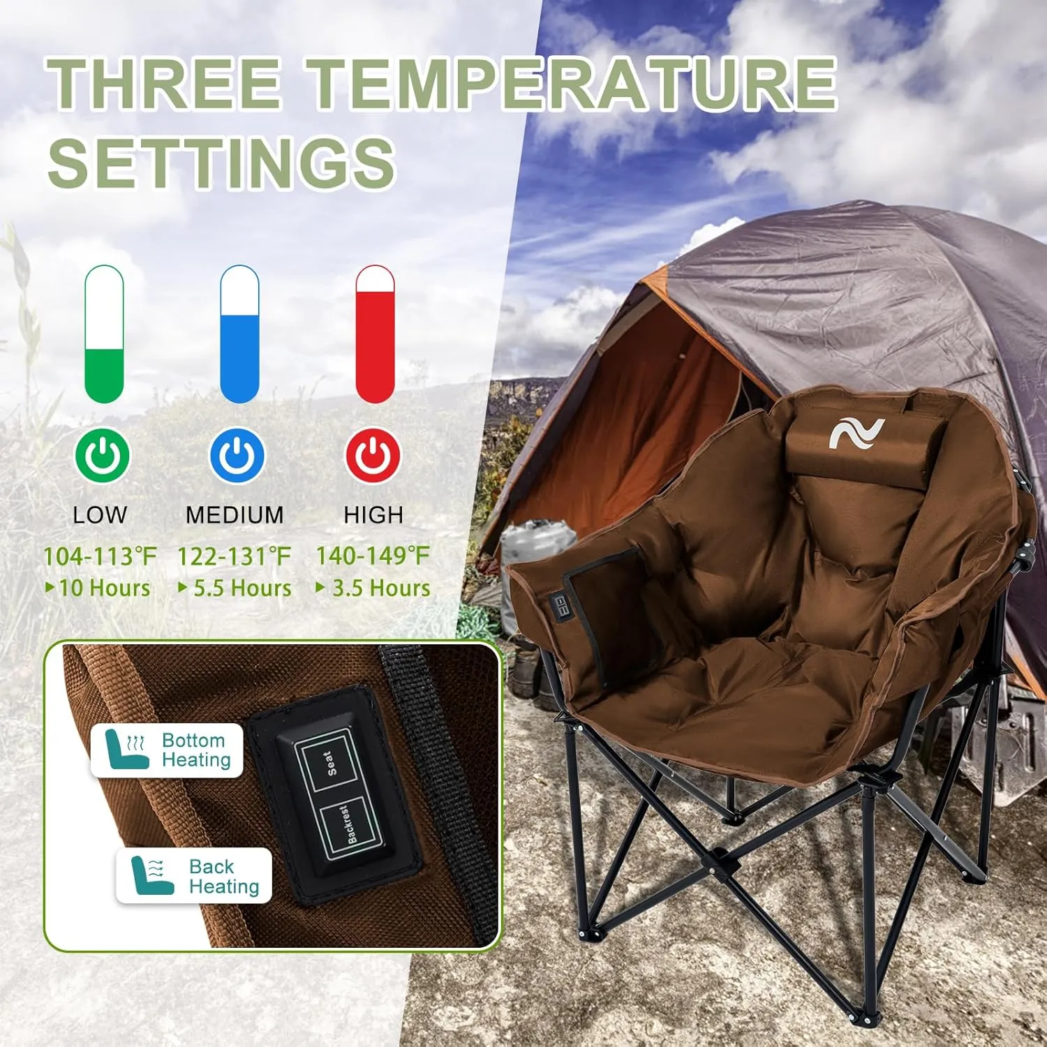 Slsy Oversized Heated Camping Chair Heats Back and Seat, Heated Chairs Outdoor Lawn Chair with Pillow, 3 Heat Levels Heavy Duty Heated Moon Chair for Camping, Picnic, Lounge Patio