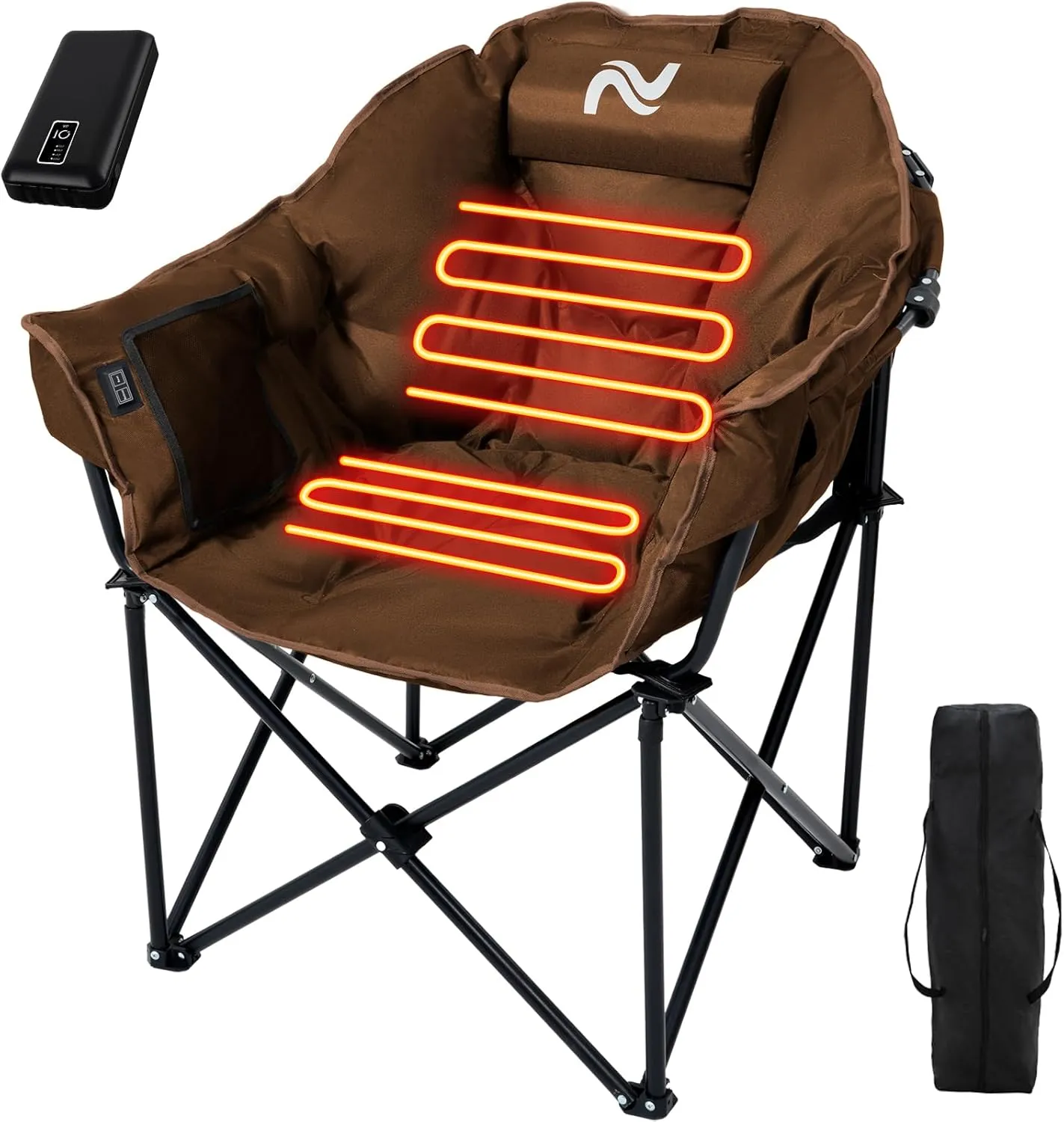 Slsy Oversized Heated Camping Chair Heats Back and Seat, Heated Chairs Outdoor Lawn Chair with Pillow, 3 Heat Levels Heavy Duty Heated Moon Chair for Camping, Picnic, Lounge Patio