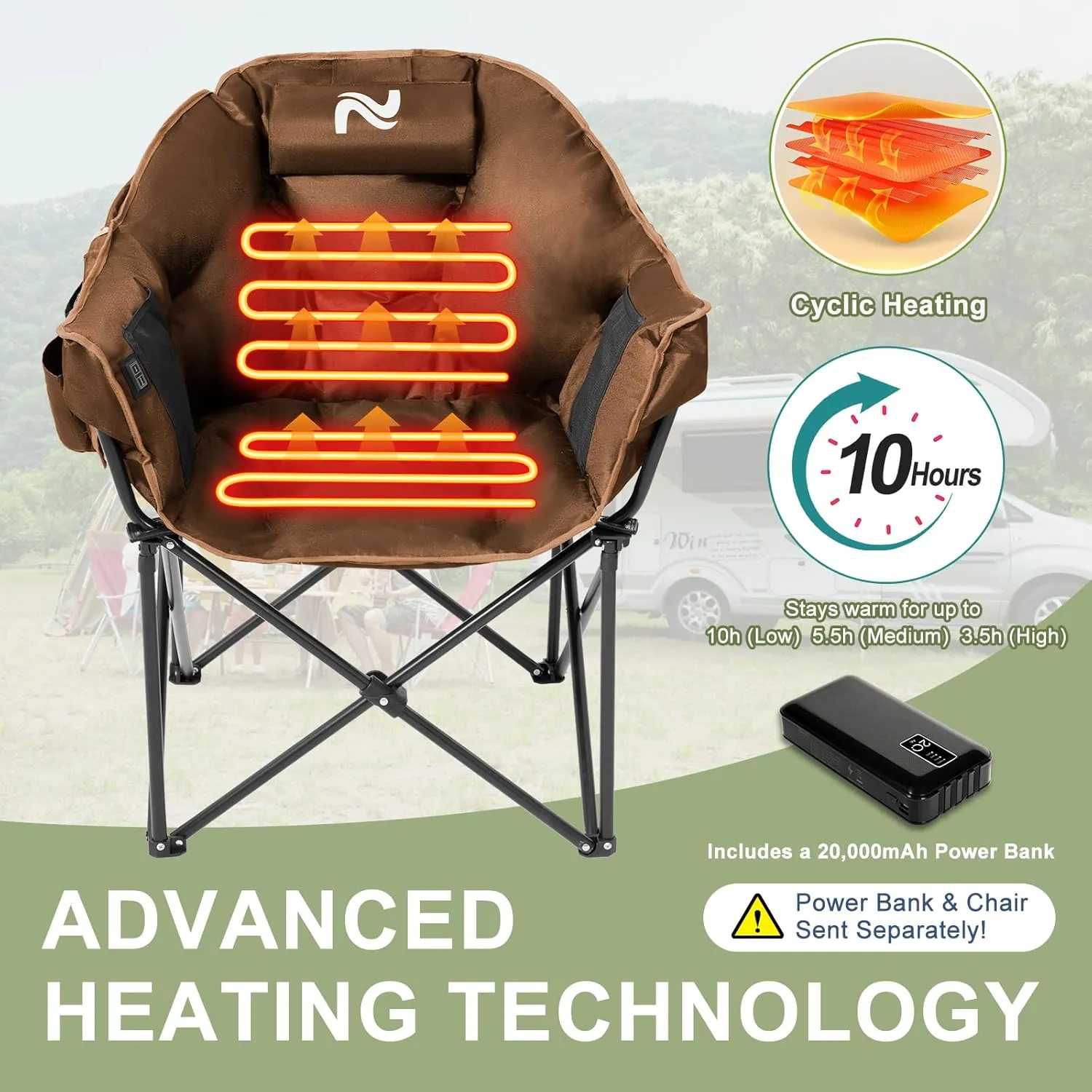 Slsy Oversized Heated Camping Chair Heats Back and Seat, Heated Chairs Outdoor Lawn Chair with Pillow, 3 Heat Levels Heavy Duty Heated Moon Chair for Camping, Picnic, Lounge Patio