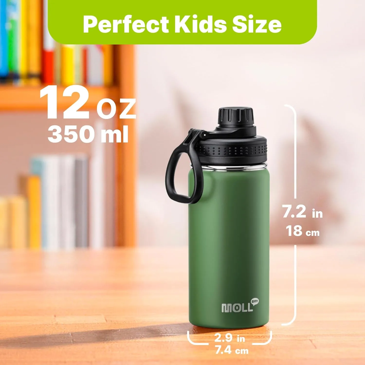 Small Water Bottle 12 oz Sports Wide Mouth Water Bottle for School-Reuasble Stainless Steel Vacuum Insulated Water Flask for Travle (Grass Green)