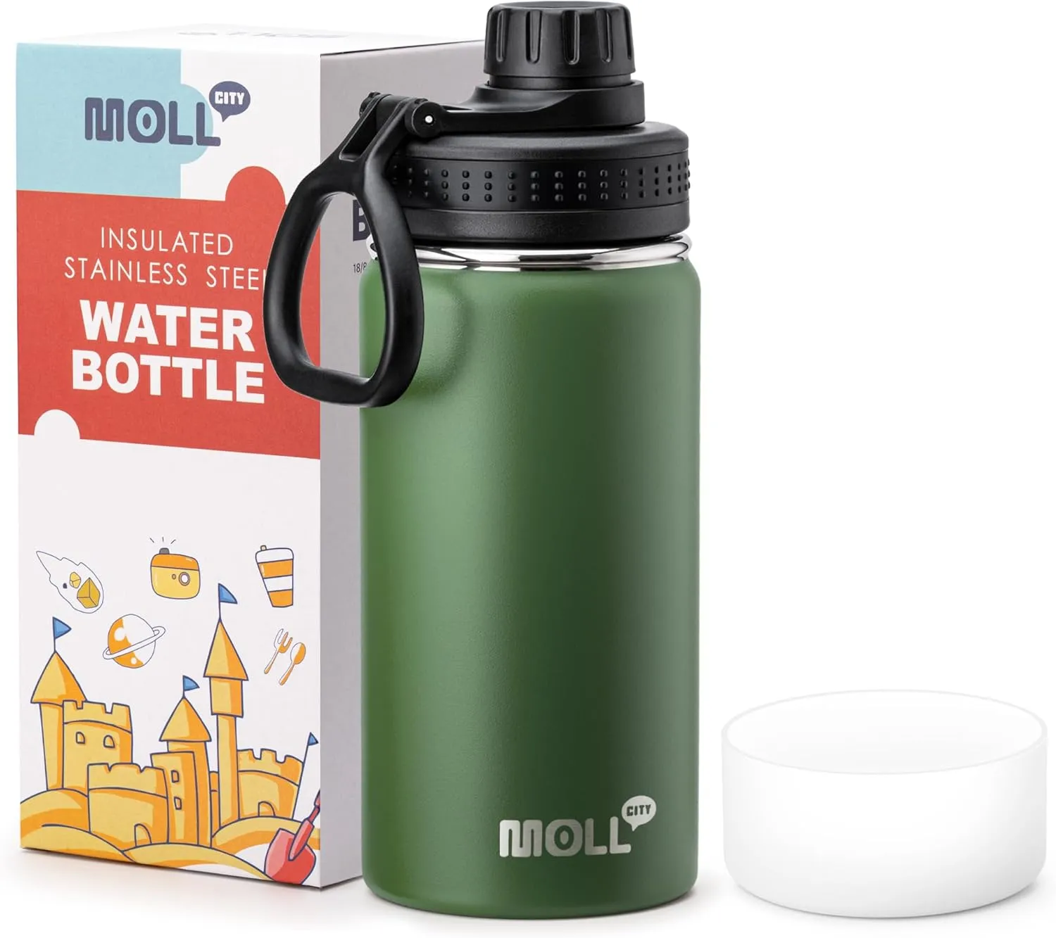 Small Water Bottle 12 oz Sports Wide Mouth Water Bottle for School-Reuasble Stainless Steel Vacuum Insulated Water Flask for Travle (Grass Green)