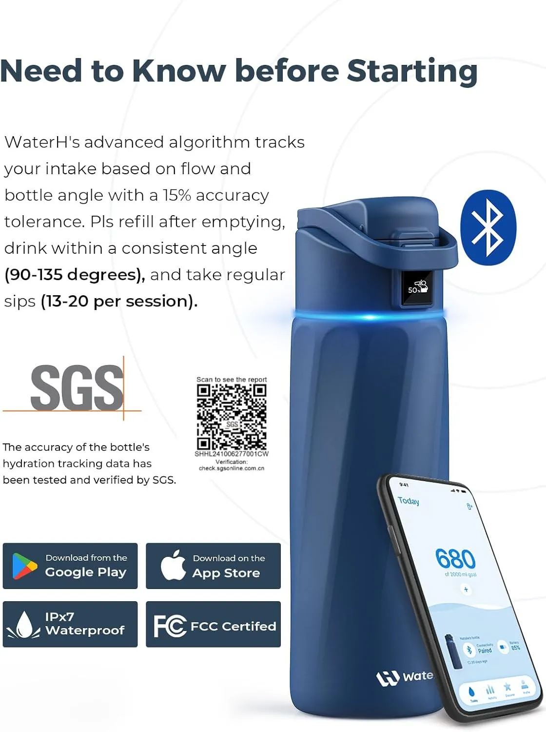 Smart Water Bottle with Reminder to Drink Water, 24oz BPA-Free Stainless Steel Vacuum Insulated Water Bottle, Wide Mouth Water Tracker Bottle with APP, Ideal for Gift - Blue