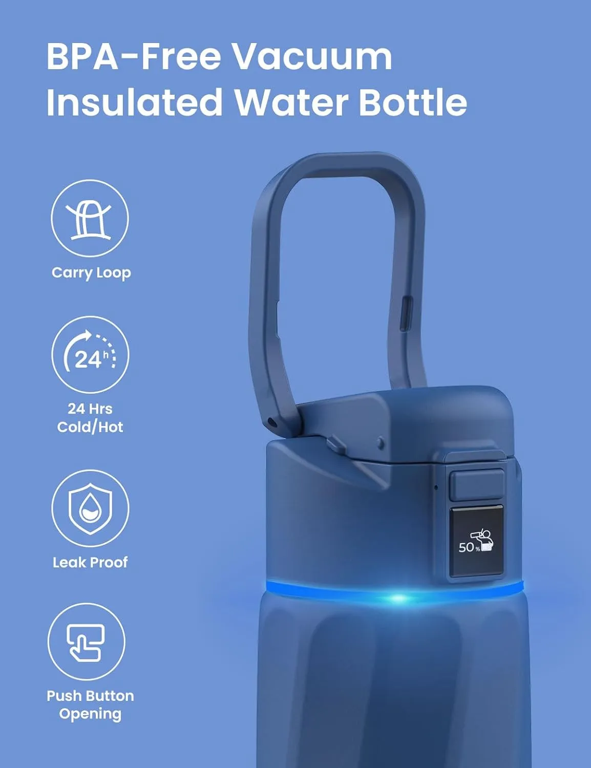 Smart Water Bottle with Reminder to Drink Water, 24oz BPA-Free Stainless Steel Vacuum Insulated Water Bottle, Wide Mouth Water Tracker Bottle with APP, Ideal for Gift - Blue