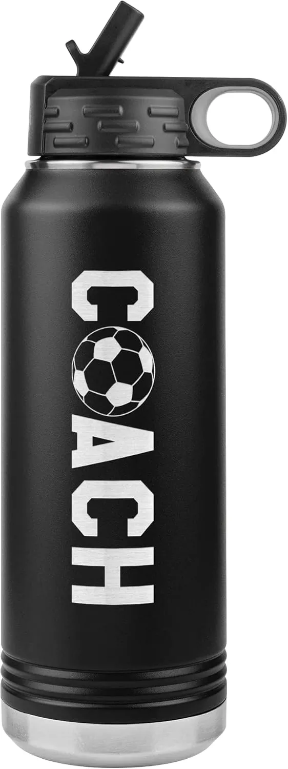Soccer Coach Water Bottle - 32oz Insulated Engraved Stainless Steel Flip Top With Straw Soccer Coach Gift Black