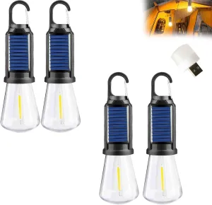 Solar Rechargeable Hooked Camping Light, Camping Lantern Rechargeable, Portable Outdoor Tent Lights with Clip Hook for Camping, Emergency Outage, Waterproof (Flat, 4)