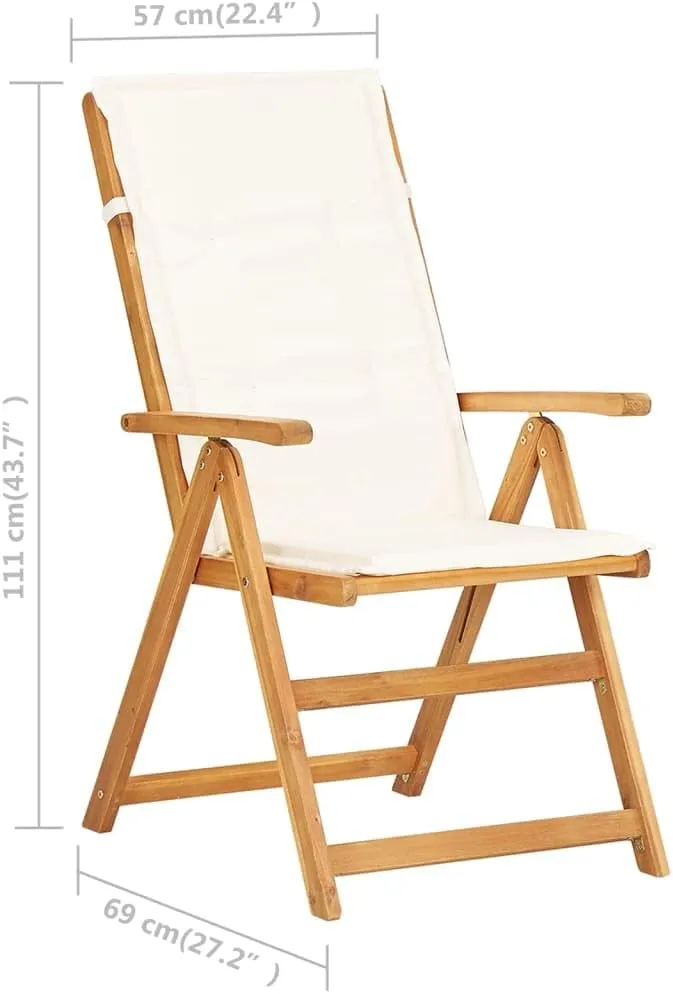 Solid Acacia Wood Reclining Patio Chairs 2-Piece Set with Adjustable Backrest and Cream Cushions, Foldable Outdoor Furniture for Poolside Backyard Beach Camping