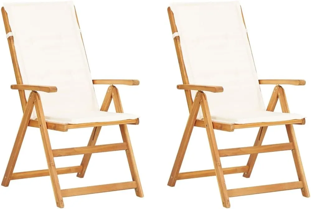 Solid Acacia Wood Reclining Patio Chairs 2-Piece Set with Adjustable Backrest and Cream Cushions, Foldable Outdoor Furniture for Poolside Backyard Beach Camping