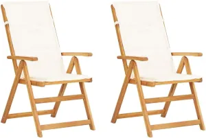 Solid Acacia Wood Reclining Patio Chairs 2-Piece Set with Adjustable Backrest and Cream Cushions, Foldable Outdoor Furniture for Poolside Backyard Beach Camping
