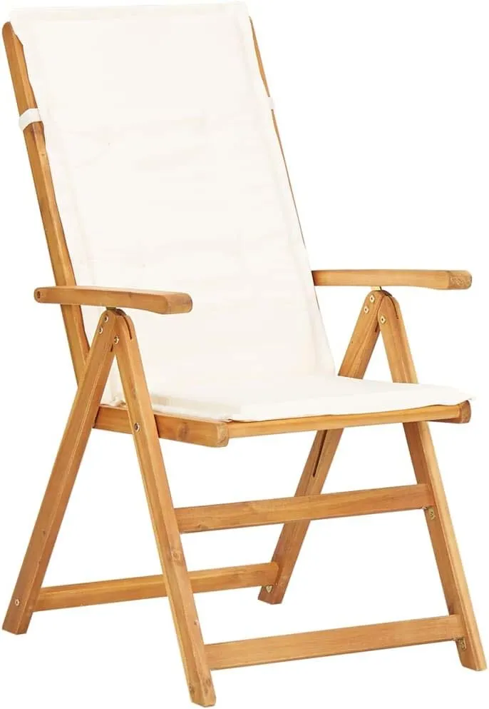 Solid Acacia Wood Reclining Patio Chairs 2-Piece Set with Adjustable Backrest and Cream Cushions, Foldable Outdoor Furniture for Poolside Backyard Beach Camping