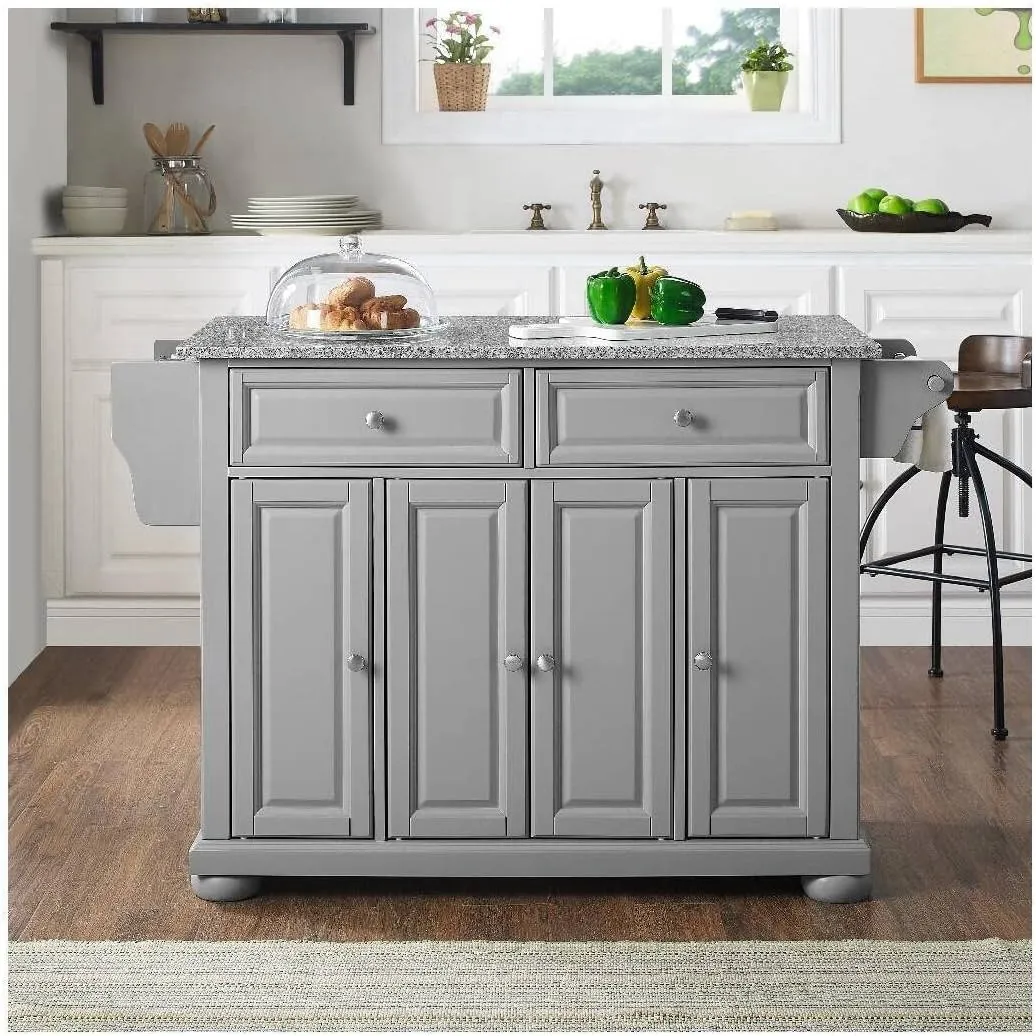 Sophisticated Simplicity Full Size Kitchen Island with Spacious Countertop, Portable Design, Modern Kitchen Furniture, Convenient Storage Drawers Gray/Granite Top