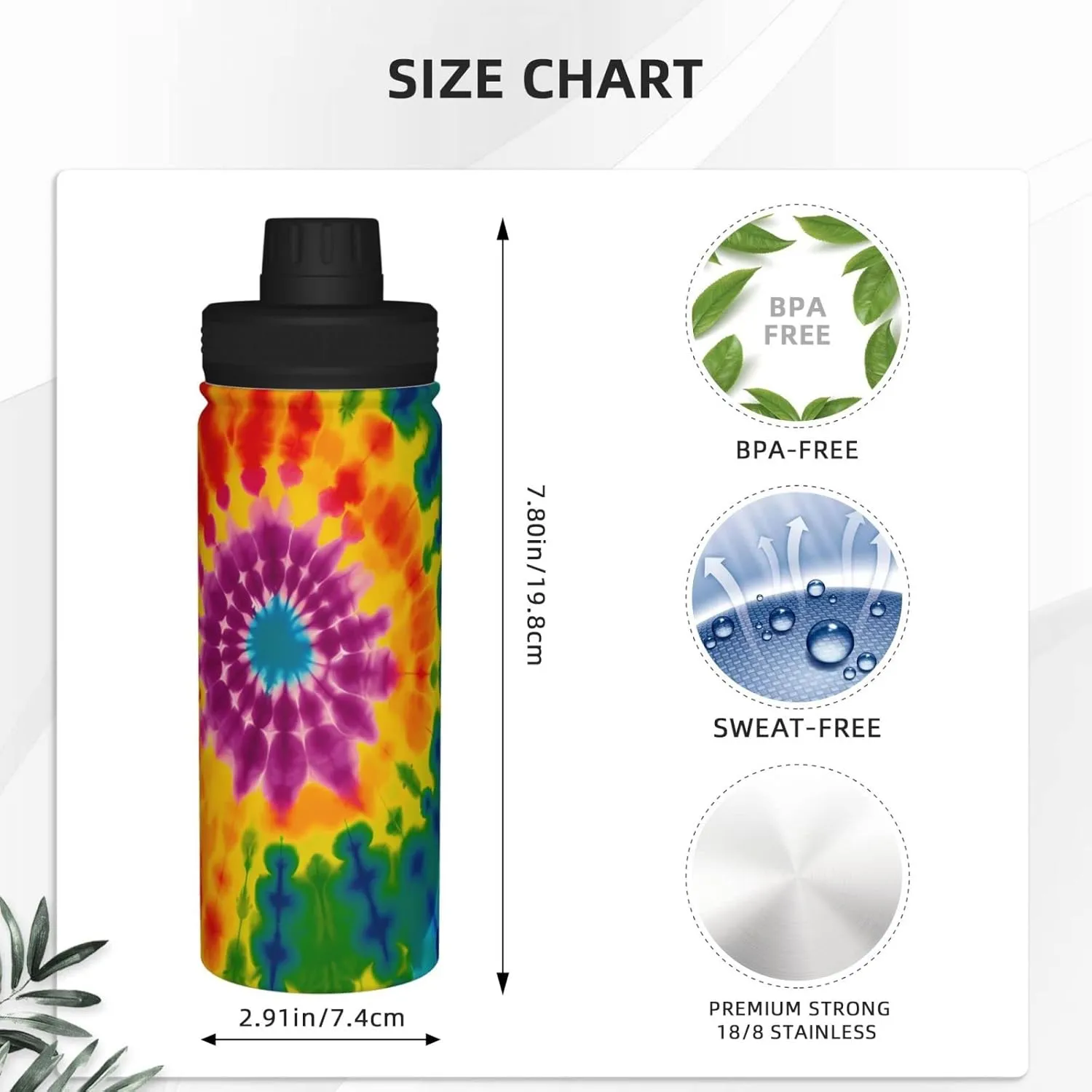 Sports Water Bottle Tie Dye Rainbow Insulated Stainless Steel Water Bottles, 18 oz Water Cup Flask for Fitness Outdoor Sports Gym Running