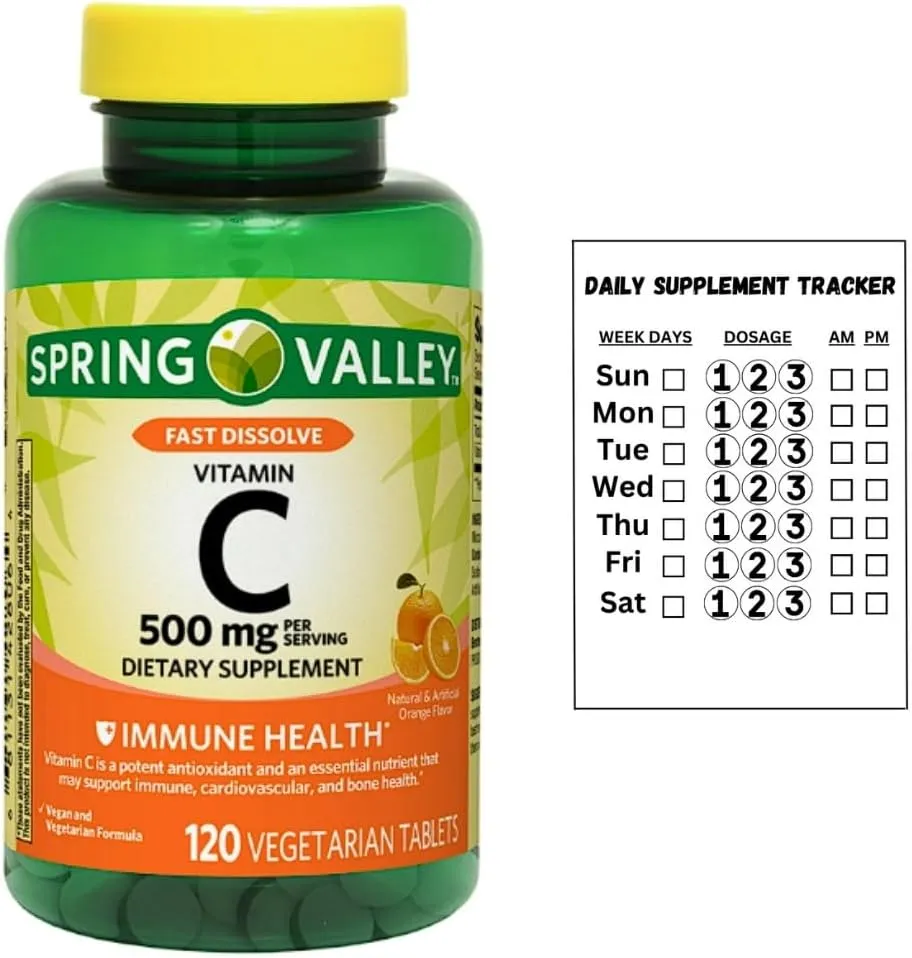 Spring Valley Vitamin C Fast Dissolve Tablets Dietary Supplement, Orange Flavor, 500 mg, 120 Count   Daily Supplement Tracker Sticker