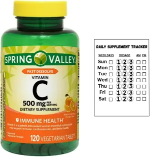 Spring Valley Vitamin C Fast Dissolve Tablets Dietary Supplement, Orange Flavor, 500 mg, 120 Count   Daily Supplement Tracker Sticker