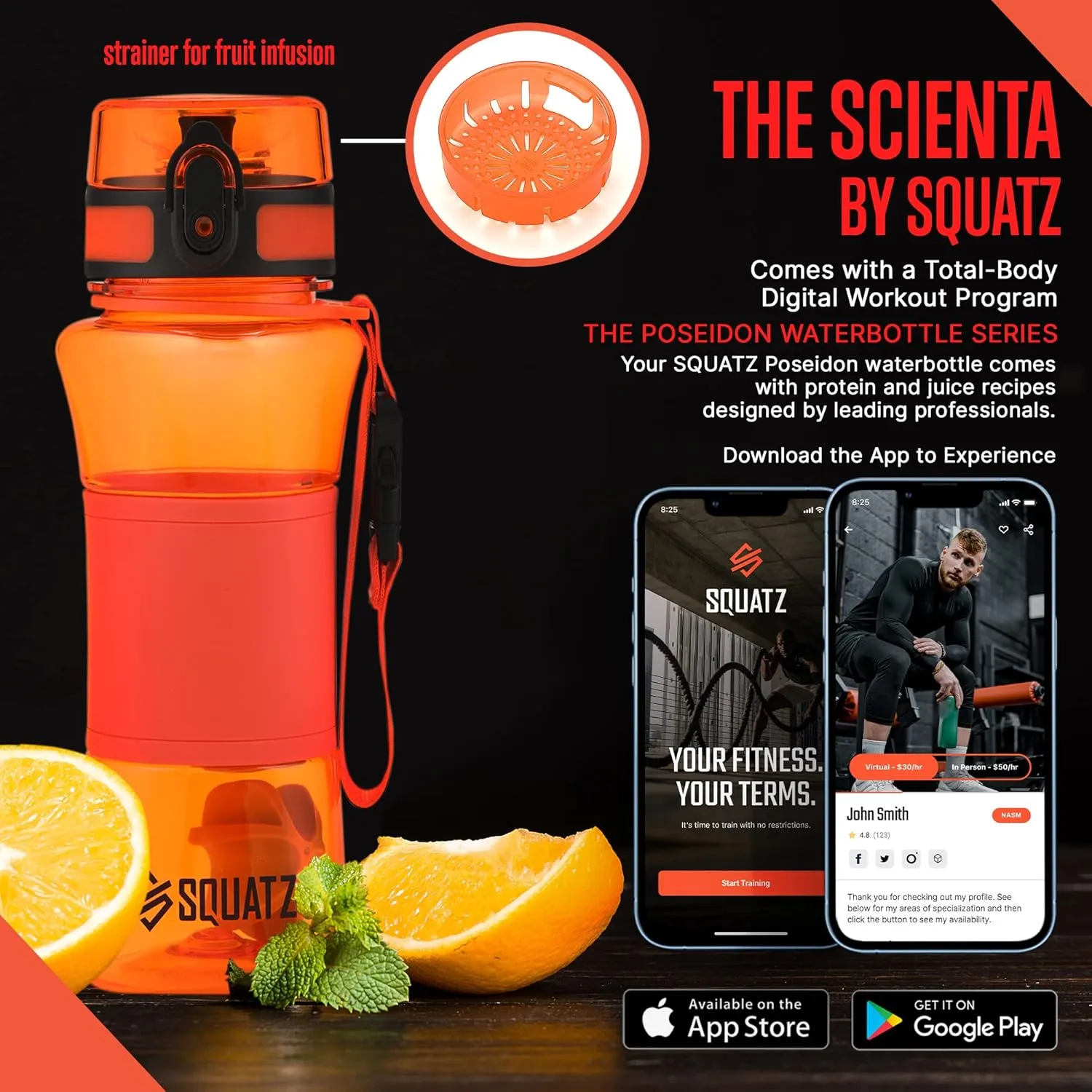 SQUATZ 24 Oz Poseidon Series Water Bottle for Protein and Fruit Shakes - Premium Quality Wide Mouth Gym Flask Fruit Infuser Strainer, Carrying Strap, Leak Resistance, No Condensation Sleeve