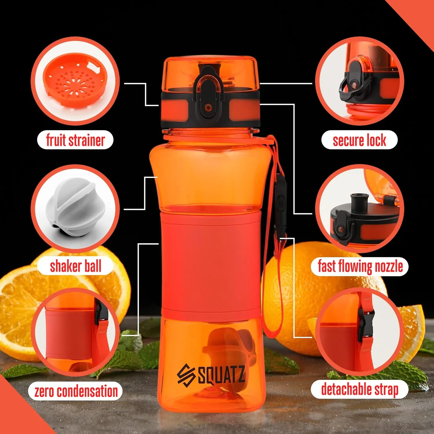 SQUATZ 24 Oz Poseidon Series Water Bottle for Protein and Fruit Shakes - Premium Quality Wide Mouth Gym Flask Fruit Infuser Strainer, Carrying Strap, Leak Resistance, No Condensation Sleeve