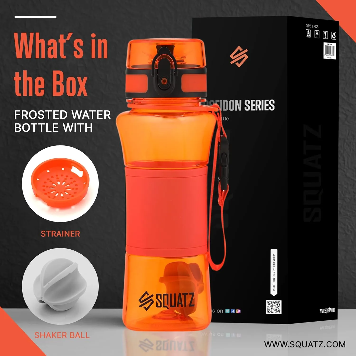 SQUATZ 24 Oz Poseidon Series Water Bottle for Protein and Fruit Shakes - Premium Quality Wide Mouth Gym Flask Fruit Infuser Strainer, Carrying Strap, Leak Resistance, No Condensation Sleeve