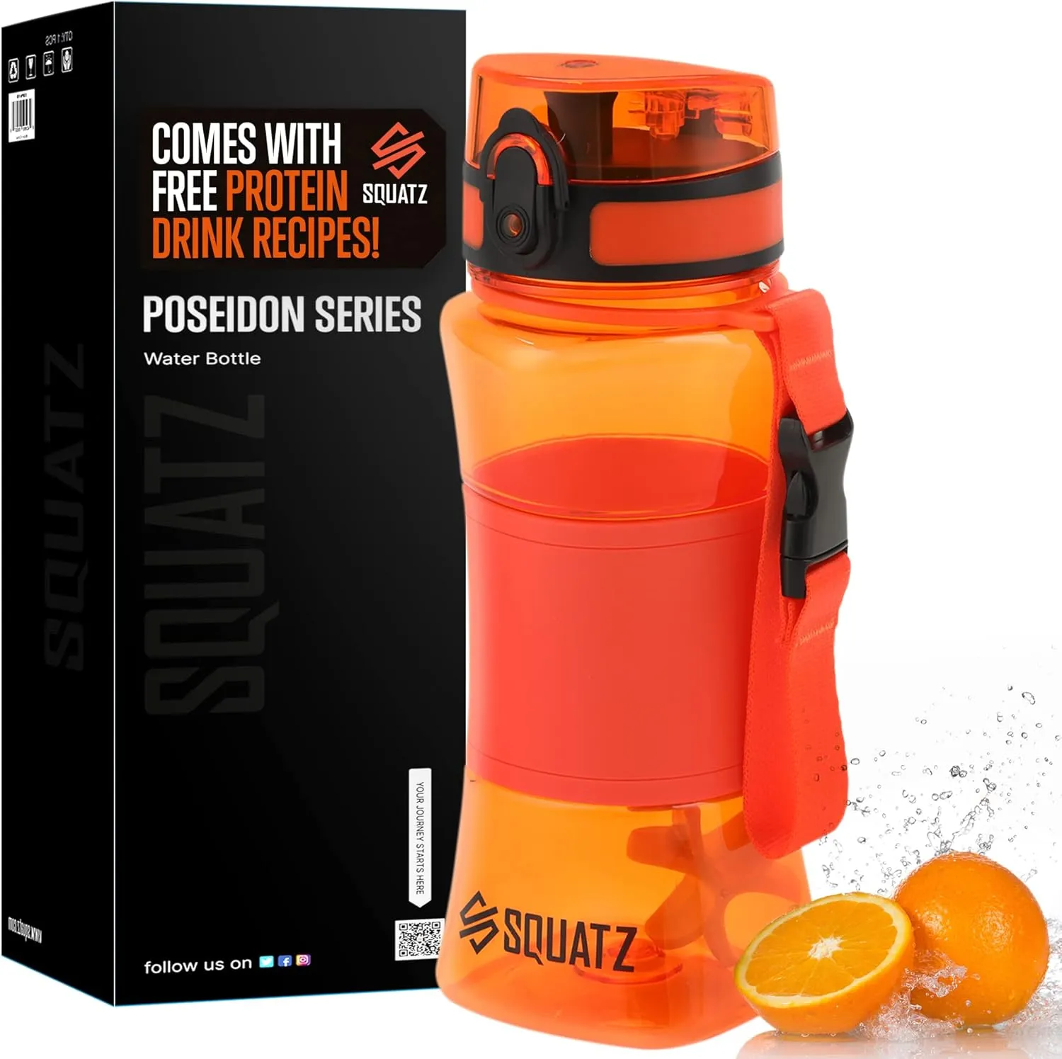 SQUATZ 24 Oz Poseidon Series Water Bottle for Protein and Fruit Shakes - Premium Quality Wide Mouth Gym Flask Fruit Infuser Strainer, Carrying Strap, Leak Resistance, No Condensation Sleeve